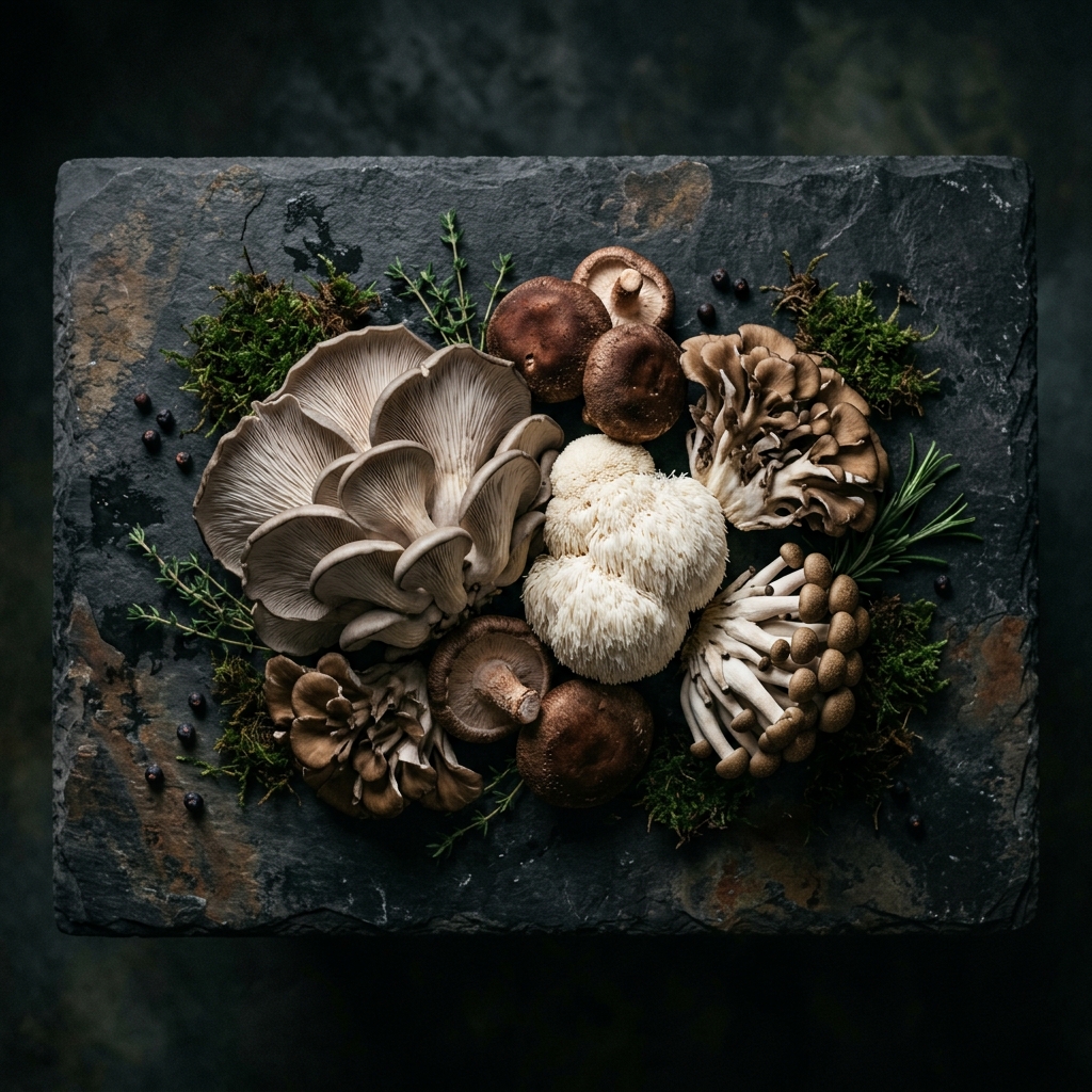 Fresh gourmet mushrooms — Blue Oyster, Lion's Mane, Shiitake, Maitake on slate