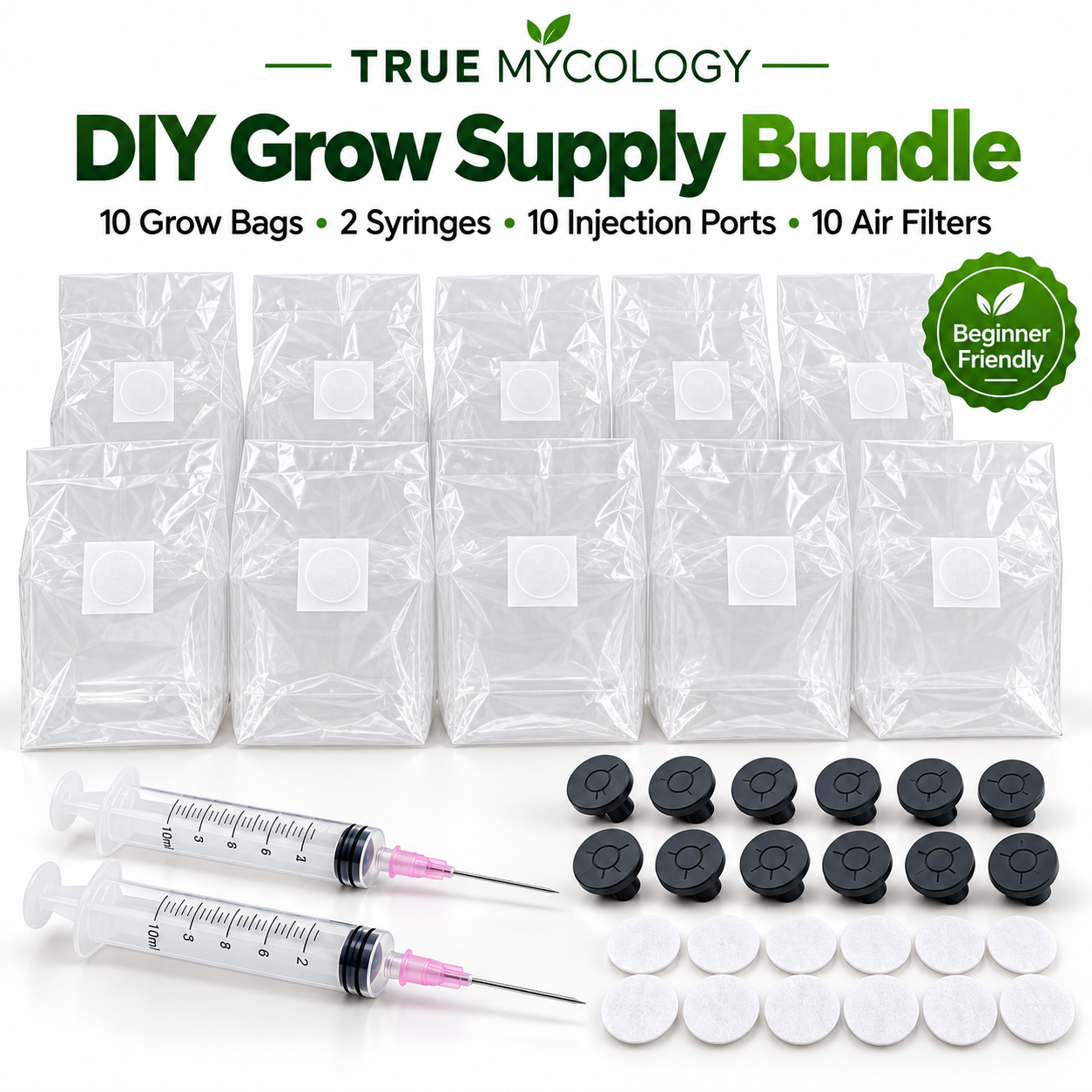 True Mycology DIY Grow Supply Bundle with grow bags, syringes, injection ports and filters